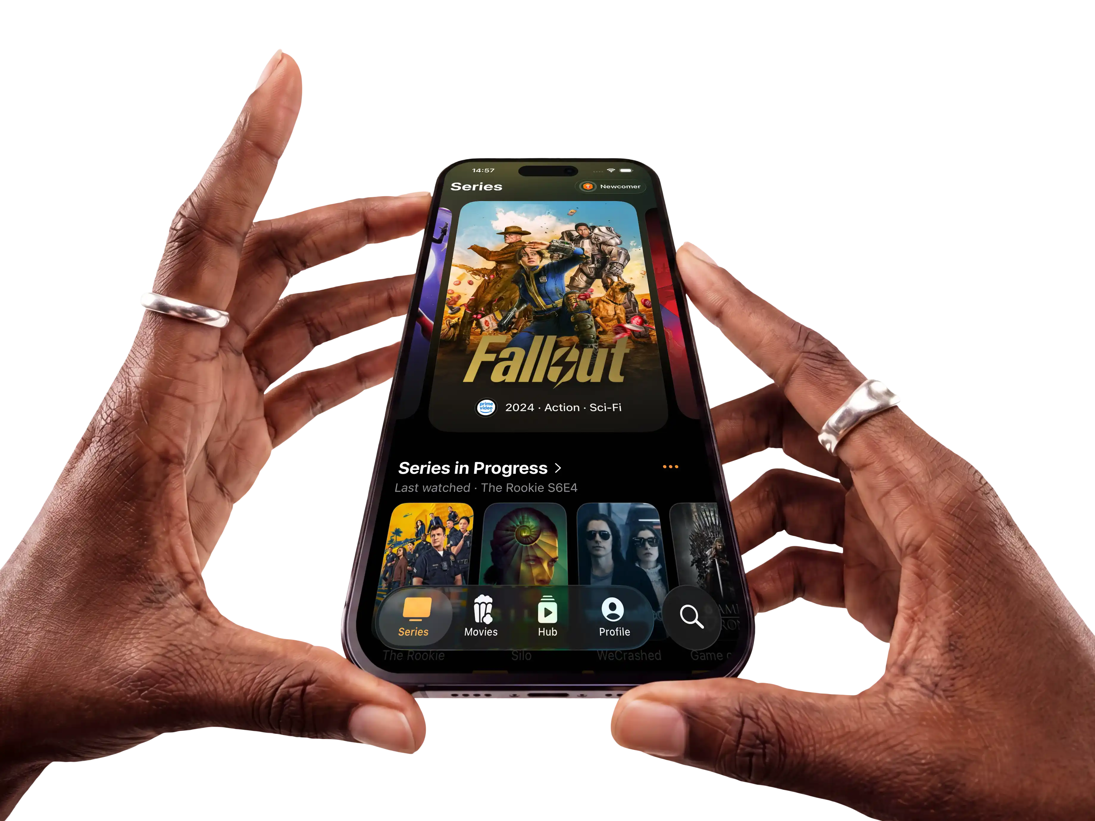 Hands holding a phone showing app UI